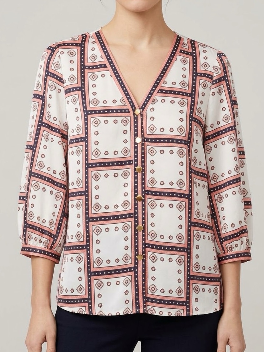 LOFT White and Coral Geometric V-Neck Blouse: Size Large